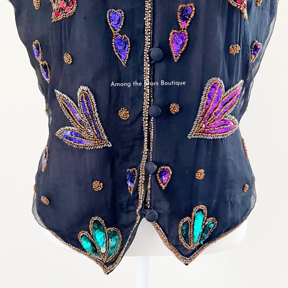 Rare 90s Vintage Embellished Sequin & Beaded Silk Vest ASO Phoebe in Friends - Picture 10 of 14